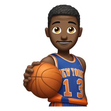 Person playing basketball in New York Knicks coloured clothes (white blue orange) but the basketball is a burger sticker