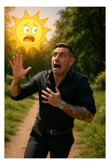 Uomo che corre via dal sole spaventato perchè pensa sia nocivo realistica sticker