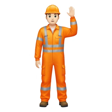 man standing facing backwards wearing orange hi visibility overalls  with one arm raised sticker