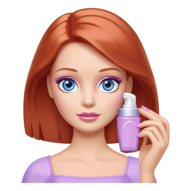 Barbie girl Chestnut-red Shoulder-length hair and blue eyes is In pale purple applying cream on face sticker
