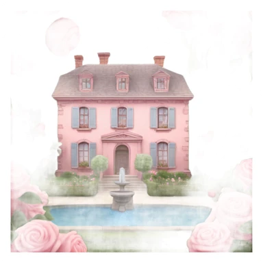 pastel pink 19th century house surrounded by amazing french style garden with rose bushes and apple tree orchards and water fountains sticker