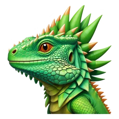 Cinematic Noble Iguana Portrait Emoji, Poised and majestic, with a robust, muscular build and a vibrant, scaly body accented by a prominent spiky crest and keen, observant eyes, Simplified yet sharp and sophisticated features, highly detailed, glowing with a soft, jungle radiance, high shine, intelligent and formidable, stylized with an air of ancient reptilian authority, focused and commanding, soft glowing outline, capturing the essence of a watchful guardian that appears ready to stride out of the screen with effortless might! sticker