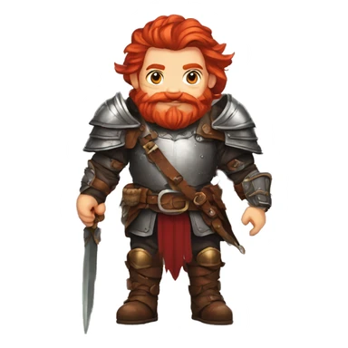 text for a sticker picture generator with a red-haired dwarf in his hands who has a bow with a braided mustache, dressed in leather armor, with a red beard, with red hair, in a fantasy style sticker