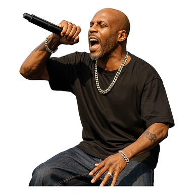 rapper DMX, rapping on stage, microphone in hand, energetic pose, hip hop style sticker