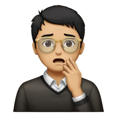 Make an apple choking emoji of a tan gender neutral person with black hair and gold frame glasses with their hand on their neck choking themselves  sticker