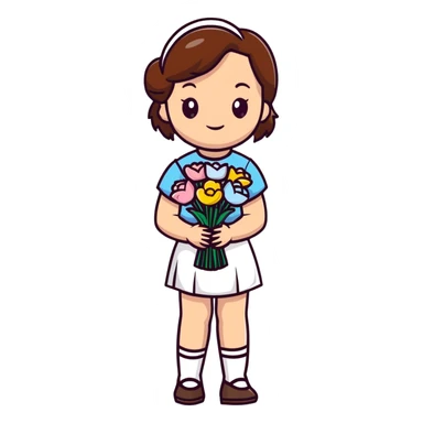 girl with brown hair wearing a white skirt holding a bouquet of flowers sticker