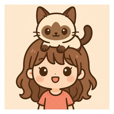 a cute girl with a siamese cat sitting on her head, kawaii style, cute and charming sticker