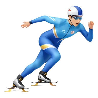 An icon showing a speed skater gliding on a professional oval ice track, captured in mid-motion with aerodynamic posture and sleek skates. The background features snowy mountains, flags, and a clear blue sky. Transparent background reflects the speed and elegance of the sport. sticker