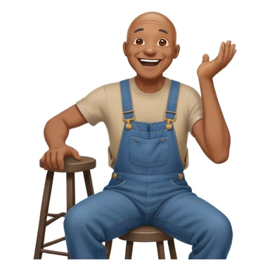 Side view Laughing hitelling storystarically Old bald black man sitting on stool wearing overalls sticker