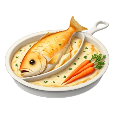 Fish gratin and carrot beside sticker