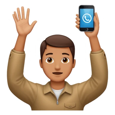 A person raising both their hands with a phone trying to take a picture above their head sticker