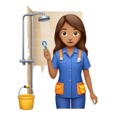 beautiful girl with long brown hair constructing new bathroom area with new shower and amenities  sticker