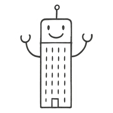 a smiling robot with a skyscraper body sticker