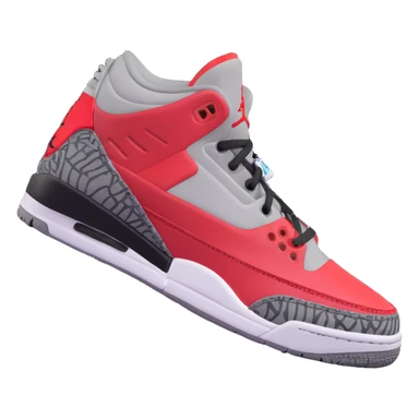 3D Emoji style cartoon sneaker based on DJ Khaled Grateful Air Jordan 3, University Red, Black, Cement Grey, with arms and legs, cheerful vibe sticker