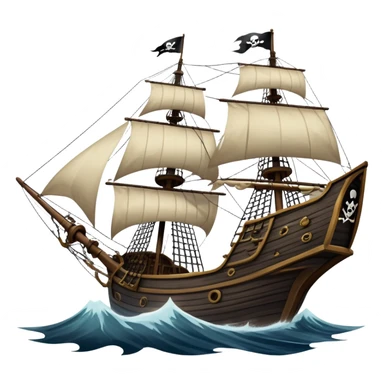 An icon representing an adventure game, inspired by high-seas exploration. The design features a fearless pirate gripping the wheel of a grand sailing ship, its tattered Jolly Roger flag billowing as it cuts through stormy waters. The scene evokes danger, treasure, and the thrill of the open sea. Transparent background. sticker