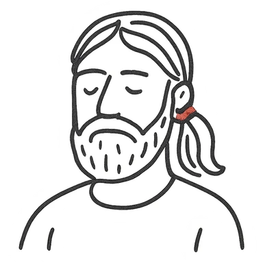 A man with a beard, long hair and a red thread sticker