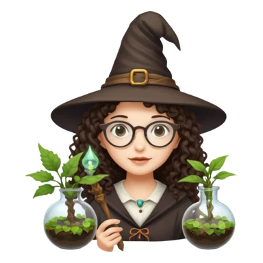 A long curly haired brunette girl with a witch hat, round white glasses, and a plant wand or plant potion terrarium sticker