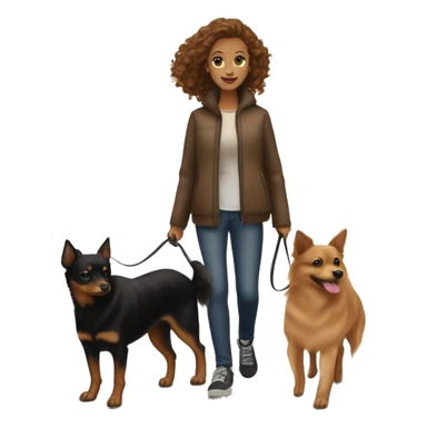 A light brown haired girl, walking one mini black and tan miniature Pinscher and one very big, fluffy & light brown Spitz on the lead sticker