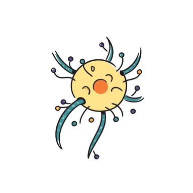 Neuroprotective mechanism illustration: central yellow neuron with orange cell body, blue dendrites, and long green axon, surrounded by supportive glial cells in purple and protective molecules shown as small colored shields. Hand-drawn anatomical diagram with detailed cellular components. sticker