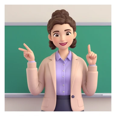 Professional 3D cartoon female character, medium-length hair in bun or waves, expressive eyebrows, smiling warmly, light cardigan or blazer over pastel collared shirt, one hand resting on whiteboard, other hand pointing sideways, business or educational setting, neutral indoor background sticker