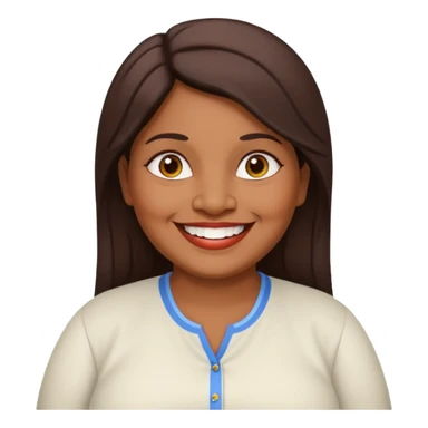 50 yr old chubby Sri Lankan woman, dark skin, straight brown hair, big smile, white teeth, european clothes, hair sticker