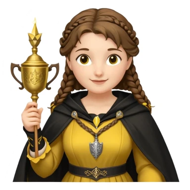 Helga Hufflepuff,the Hogwarts founder of Hufflepuff,brown-haired,2braids,yellow-black medieval dress with black cloak decorated with gold braiding,flickering magic wand and tiny two-handled shiny gold cup engraved with the badger silhouette,very kind smile,curvy busty sweet sticker