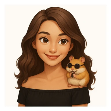 Add a cheeky, adorable hamster perched playfully on her shoulder. The hamster is wearing tiny round sunglasses and munching on a seed. The woman and her hamster are sharing a fun, carefree moment together, radiating warmth and joy. Keep the modern, clean, warm style. sticker