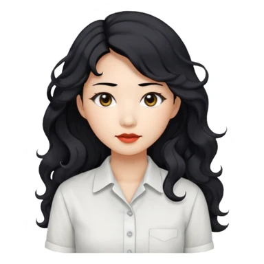 Asian woman, black hair, long permed wavy hair, white button-up shirt, flat colors, transparent background, black eyes sticker