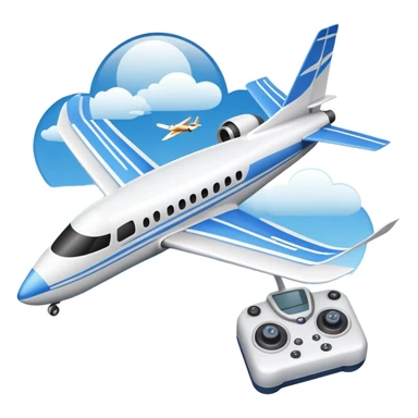 An icon featuring a remote-controlled model airplane soaring through the sky, with a detailed transmitter in the foreground. The sky is clear with motion lines showing flight. Transparent background emphasizes the precision, creativity, and joy of aeromodelling as a sport. sticker
