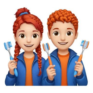 Two children smiling with toothbrushes in their hands. On the left is a girl with braided red hair, wearing a blue jacket and an orange shirt. On the right is a boy with curly black hair, wearing an orange shirt. Both are holding blue toothbrushes and look happy and healthy. sticker