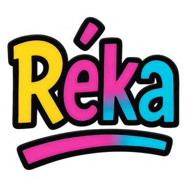 Réka name in modern colorful gradient font with dark outline, dynamic slanted or partial underline, transparent background, in the style of reference patterns sticker