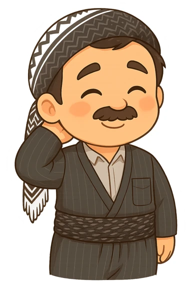 Cartoon sticker of a Kurdish man with the same clothes and scarf as the reference image, no changes to clothes or scarf, face showing a shy expression, one hand behind the head and a shy smile, colorful and cheerful, no shadows or color halos around the image, no text, suitable for WhatsApp and Instagram, fully transparent background. sticker