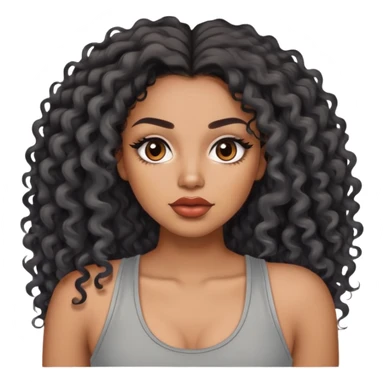light brown skin tone, very beautiful woman, with big plump lips, long long lashes, black curly long hair, brown eyes, grey tank top sticker