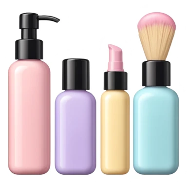 emoji of three different beauty products, with brand labels, minimalistic but luxury design (realistic), pastel colors sticker
