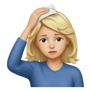 tired blond girl with lightly wavy hair, wipes away sweats from the forehead sticker