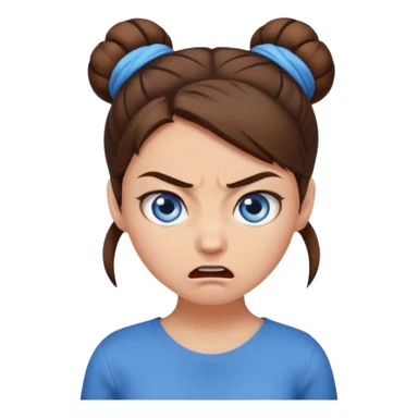 Girl with blue eyes, brown hair in a bun, angry sticker