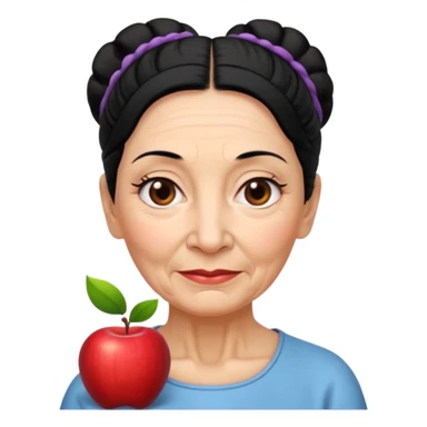 older woman with wrinkles, black hair tied back, serene expression, Apple emoji style sticker