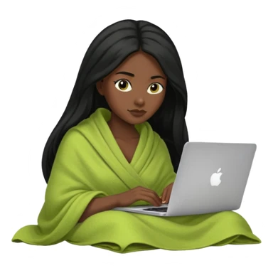 Black long hair and black skin woman inside a green pistachio color blanket working on her MacBook  sticker