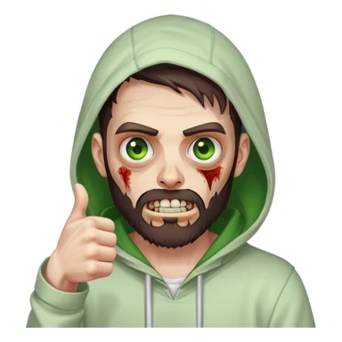 zombie with thumbs up gesture, undercut hairstyle with dark brown hair, short full beard, heterochromia with one green eye and one brown eye, wearing plain white hoodie with hood up sticker