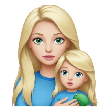 Blonde baddie with long hair Pretty makeup long lashes blue-green eyes ,   light pink lips ,holding 1 little son , with blue eyes sticker