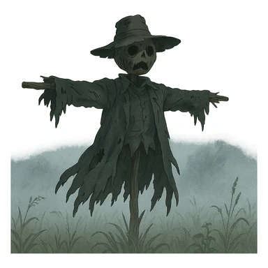 creepy scarecrow in a foggy field, tattered clothes, ominous presence sticker
