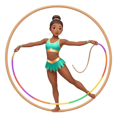 An energetic gymnast performing aerobics with a hula hoop. The gymnast is spinning the hoop around their waist in an elegant pose. The background is a lively fitness studio with colorful lights and an active atmosphere, showcasing movement and grace. sticker