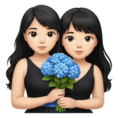 Latina girl with bangs black long hair in pony tail plus size black dress holding a blue bouquet of hydrangeas sticker