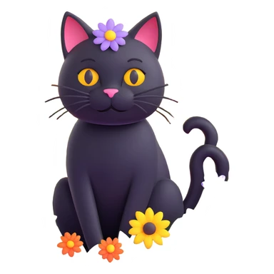 A black cat with a flower on its head in a field of flowers, different angle sticker