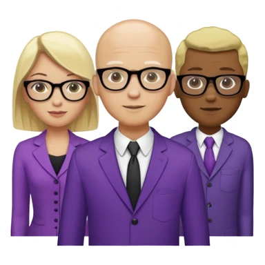 FIVE person team; 2 men and 3 women.  All dressed in yellow or purple.  Women have blonde and ash blonde hair.  1 man is black and bald, 1 man is caucasian and very little hair left.  All have glasses sticker