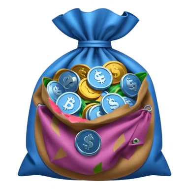 blue coins inside an opened brown money bag  sticker