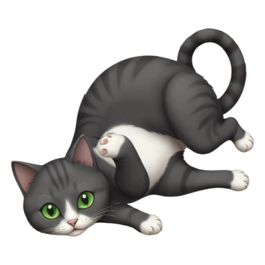 beautiful female solid dark grey cat with green eyes, white toes/paws and white patch on her chest playfully rolling upside down sticker