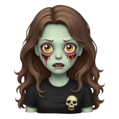crie um emoji de uma garota zoombie cabelo castanho e longo , assustadora e fofa com cabelo ondulado 2b e camiseta básica preta sticker