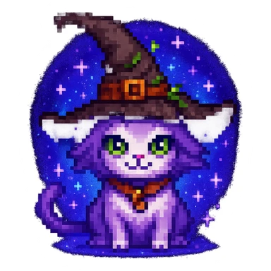 Add sparkles and a magical aura to the purple witch cat in pixel art style, keep the background transparent. sticker