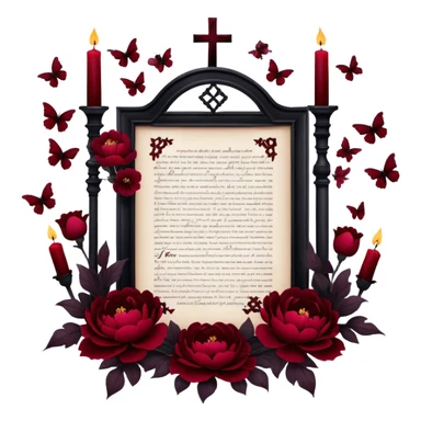 A surreal dreamscape where blackened love letters float in the air, encircled by deep red butterflies and Gothic crosses. The scene is framed by rich crimson peonies and pansies, their petals illuminated by the soft glow of dark red candles sticker